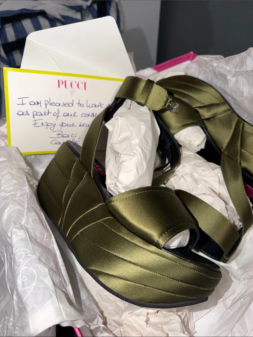Emilio Pucci Olive Green Satin Platform Sandals